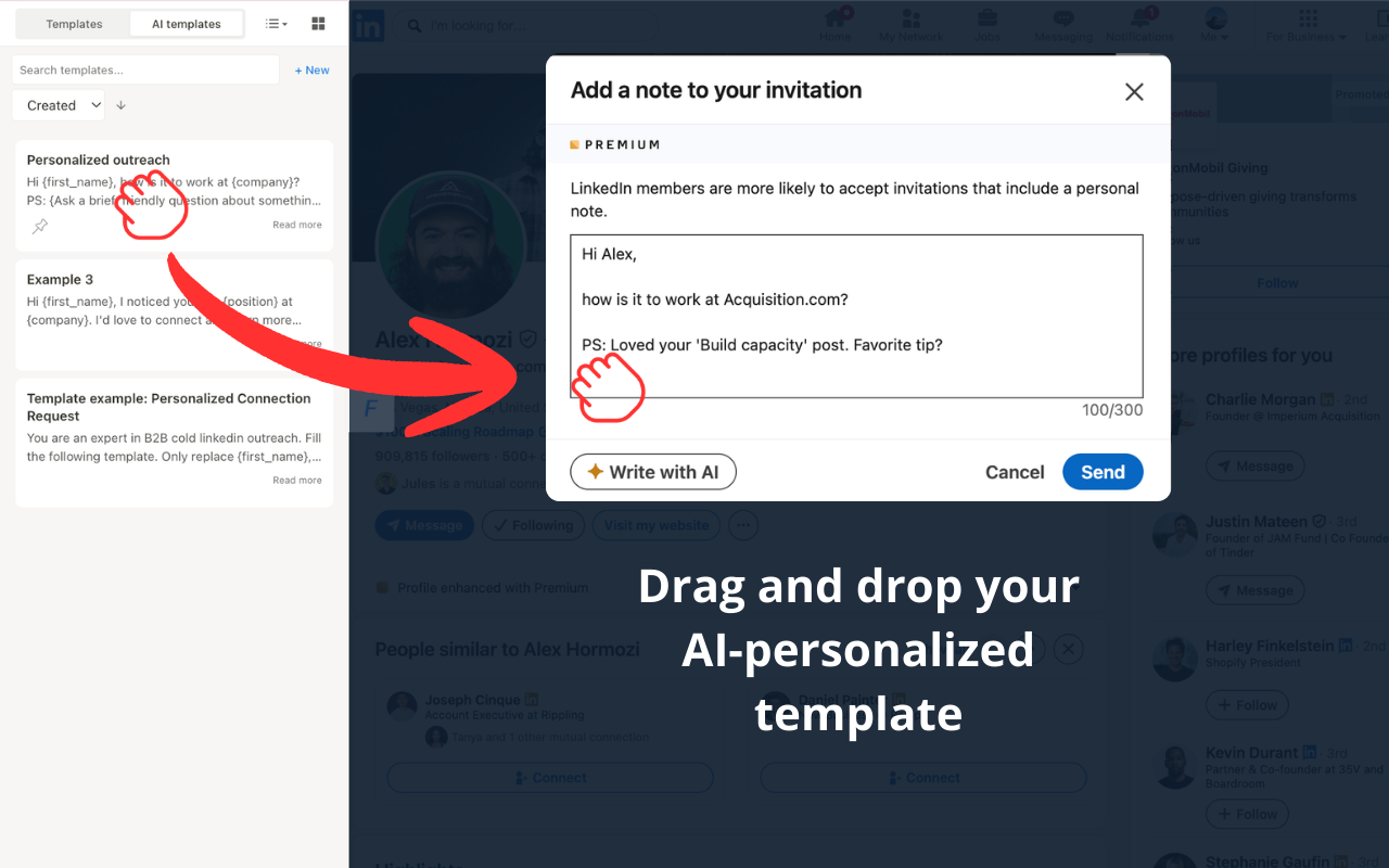 Drag and drop AI-personalized template into LinkedIn invite