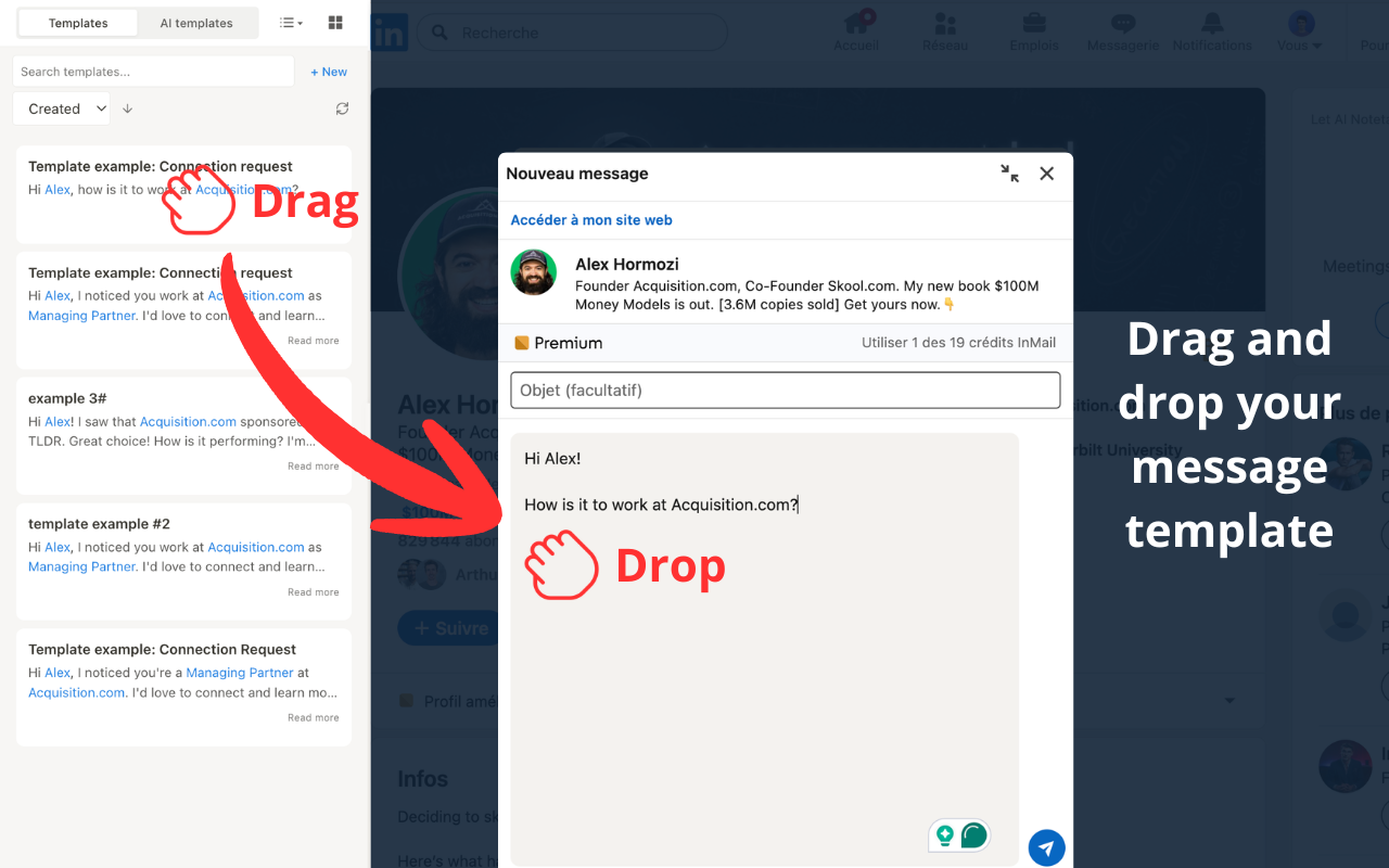 Drag and drop your message template into LinkedIn